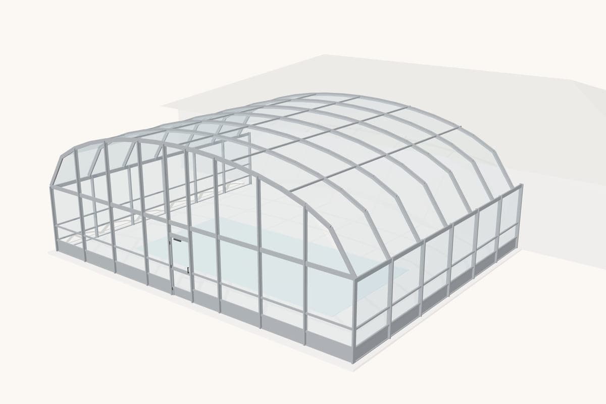 Simplified diagram of a pool enclosure with a dome roof: curved roof members over the pool.