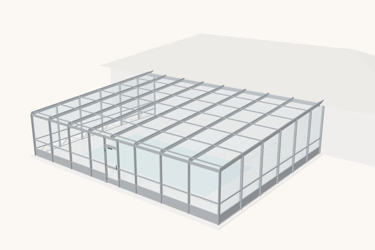 Simplified diagram of an enclosure with a low-slope single-plane roof that pitches away from the house.