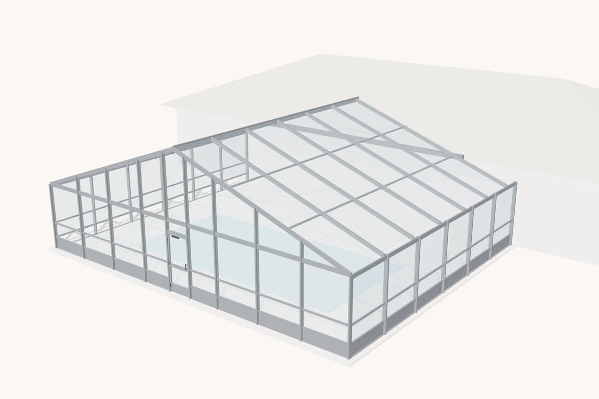 Simplified diagram of a pool enclosure with a gable roof: a triangular A-frame end facing the yard.