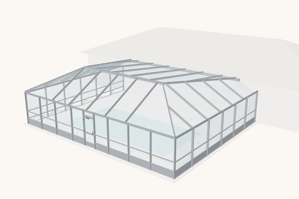 Simplified diagram of a pool enclosure with a hip roof: all outer sides slope up to a ridge.