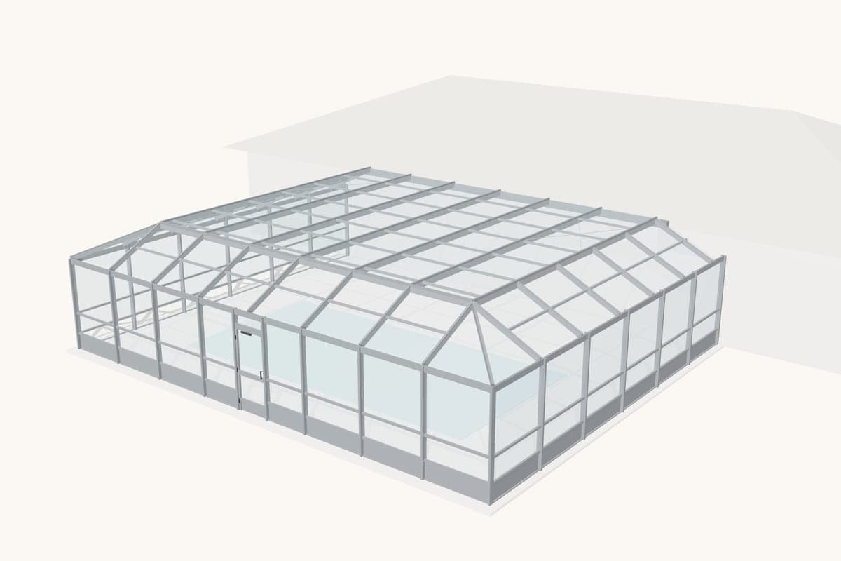 Simplified diagram of a pool enclosure with a mansard roof: sloped sides rising to a flat top.