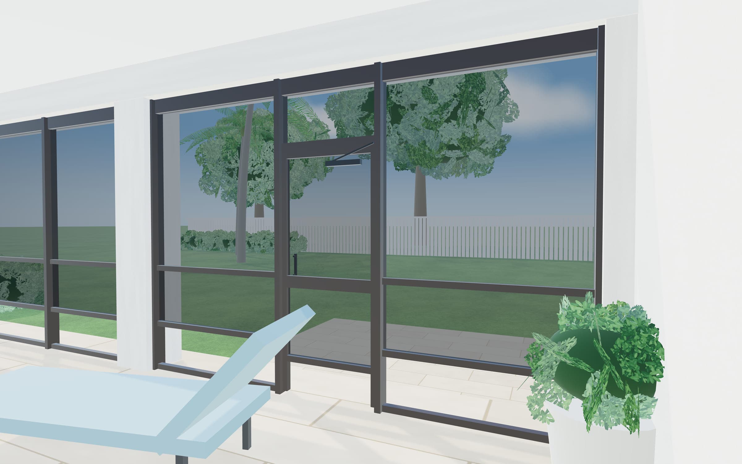 Illustrative render from inside a screened lanai with patio seating, looking out through screen panels to a green backyard.