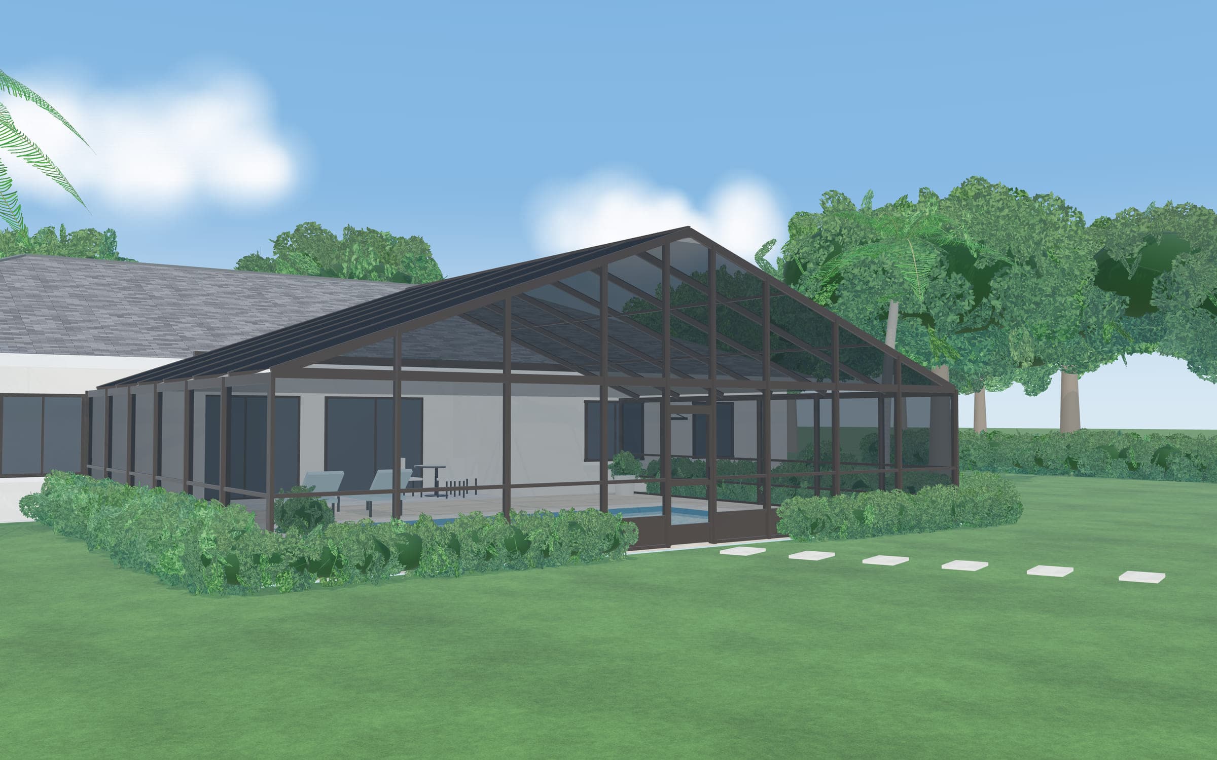 Illustrative render of a pool enclosure with a gable (A-frame) roof and bronze framing behind a stucco home.