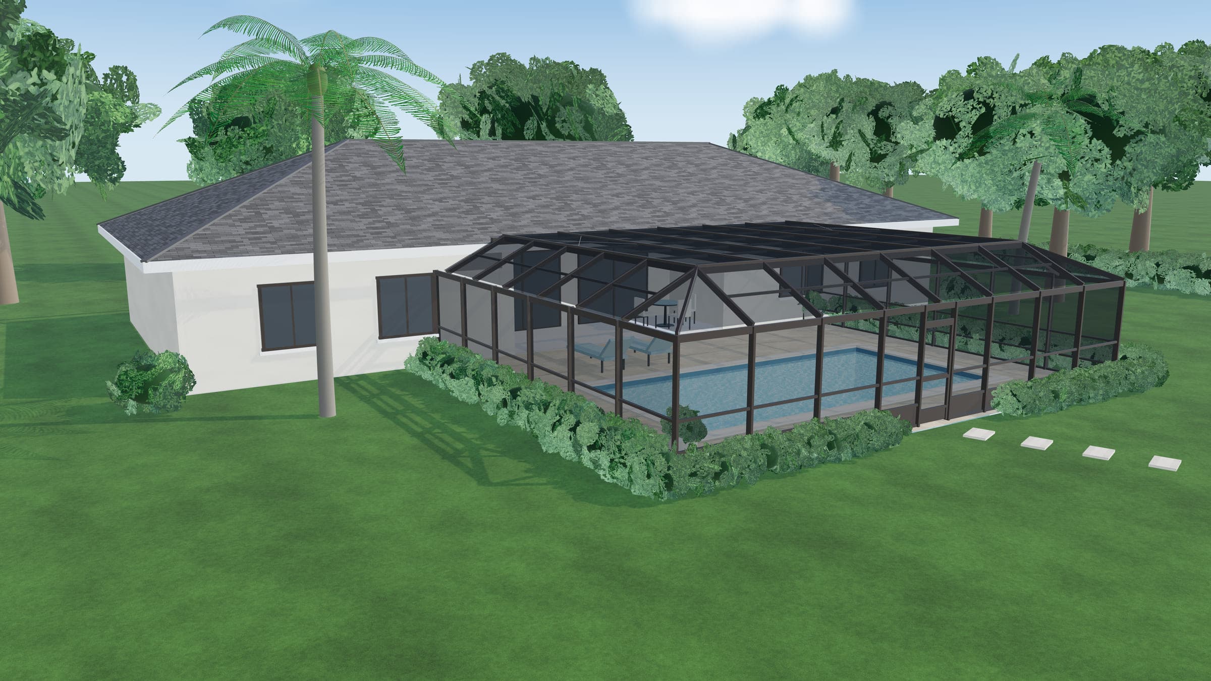 Illustrative render of a bronze-frame pool screen enclosure with a mansard roof behind a single-story Central Florida home, with palms and a lawn in the foreground.