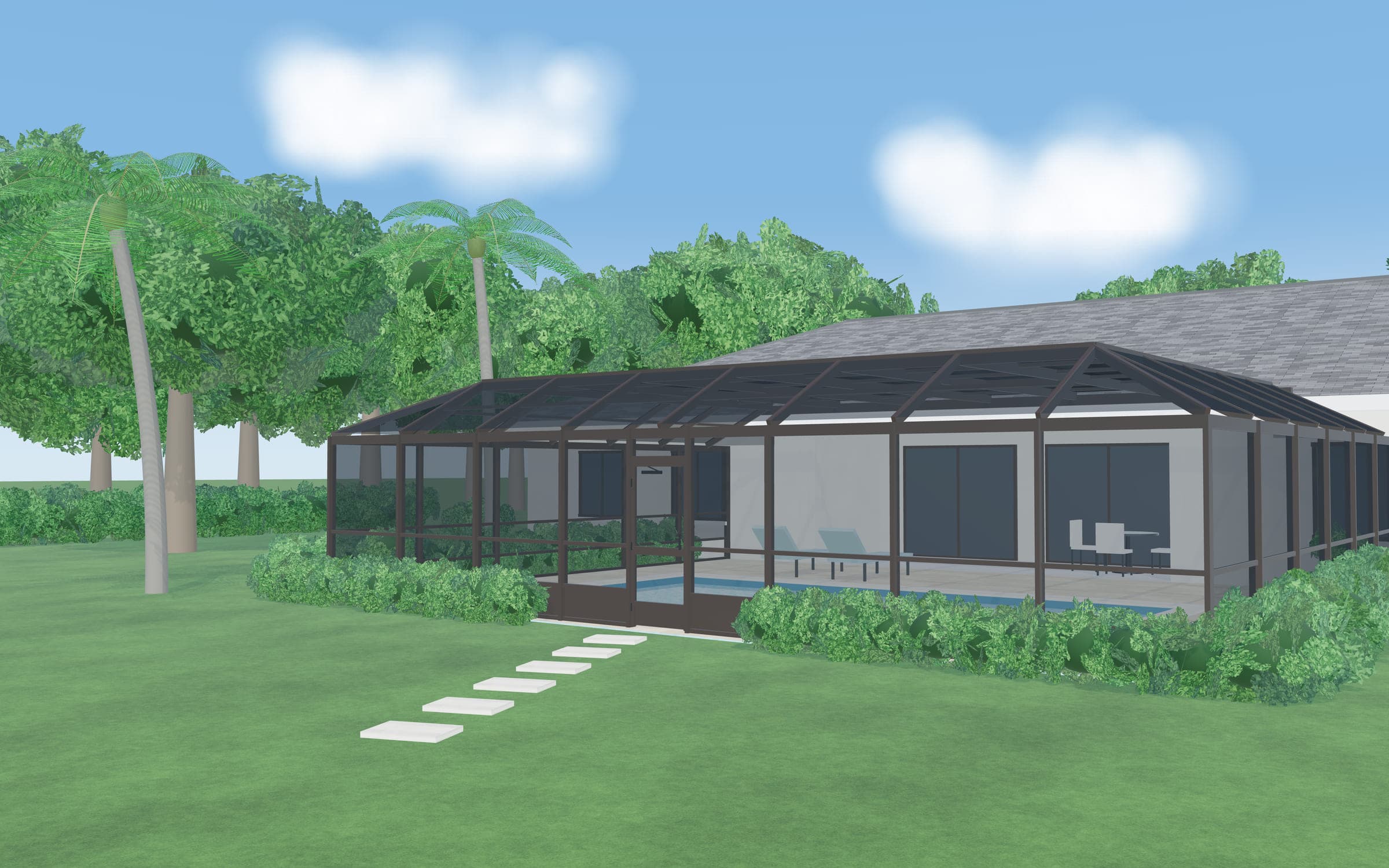 Illustrative render of a bronze-frame pool screen enclosure with a mansard roof, attached to a single-story stucco home and seen from the backyard.