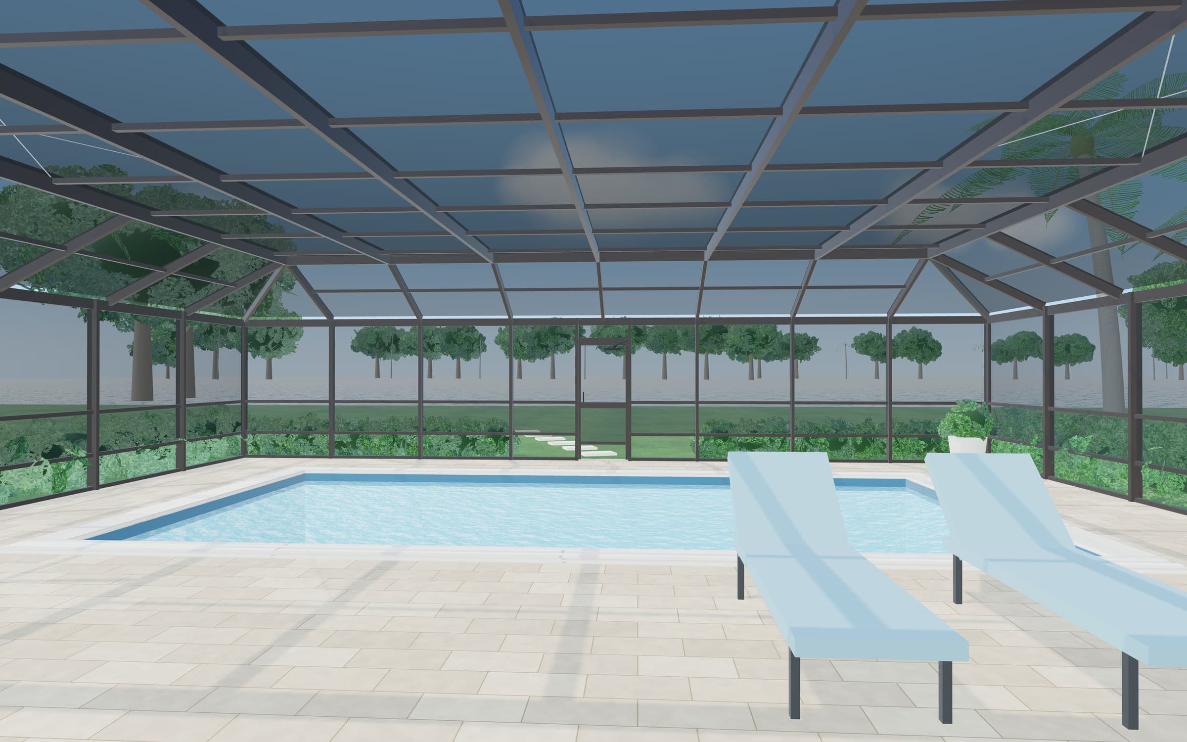 Illustrative render looking from a covered lanai across a screened pool toward the backyard, with slim bronze framing and screen panels softening the view.