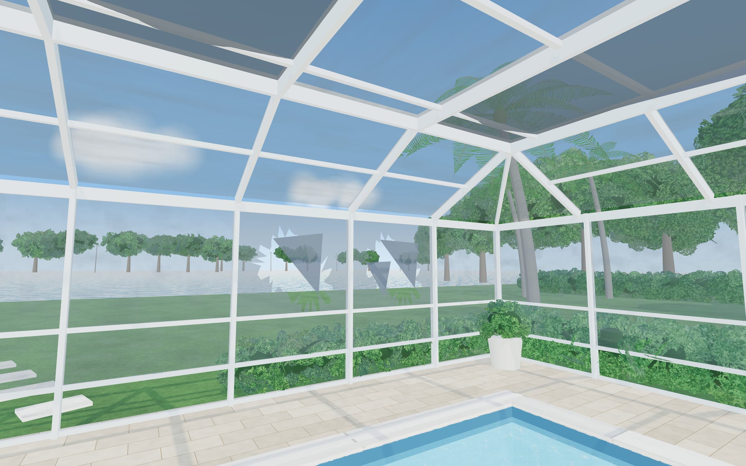 Illustrative render of an older white-frame pool enclosure with several torn and sagging screen panels.